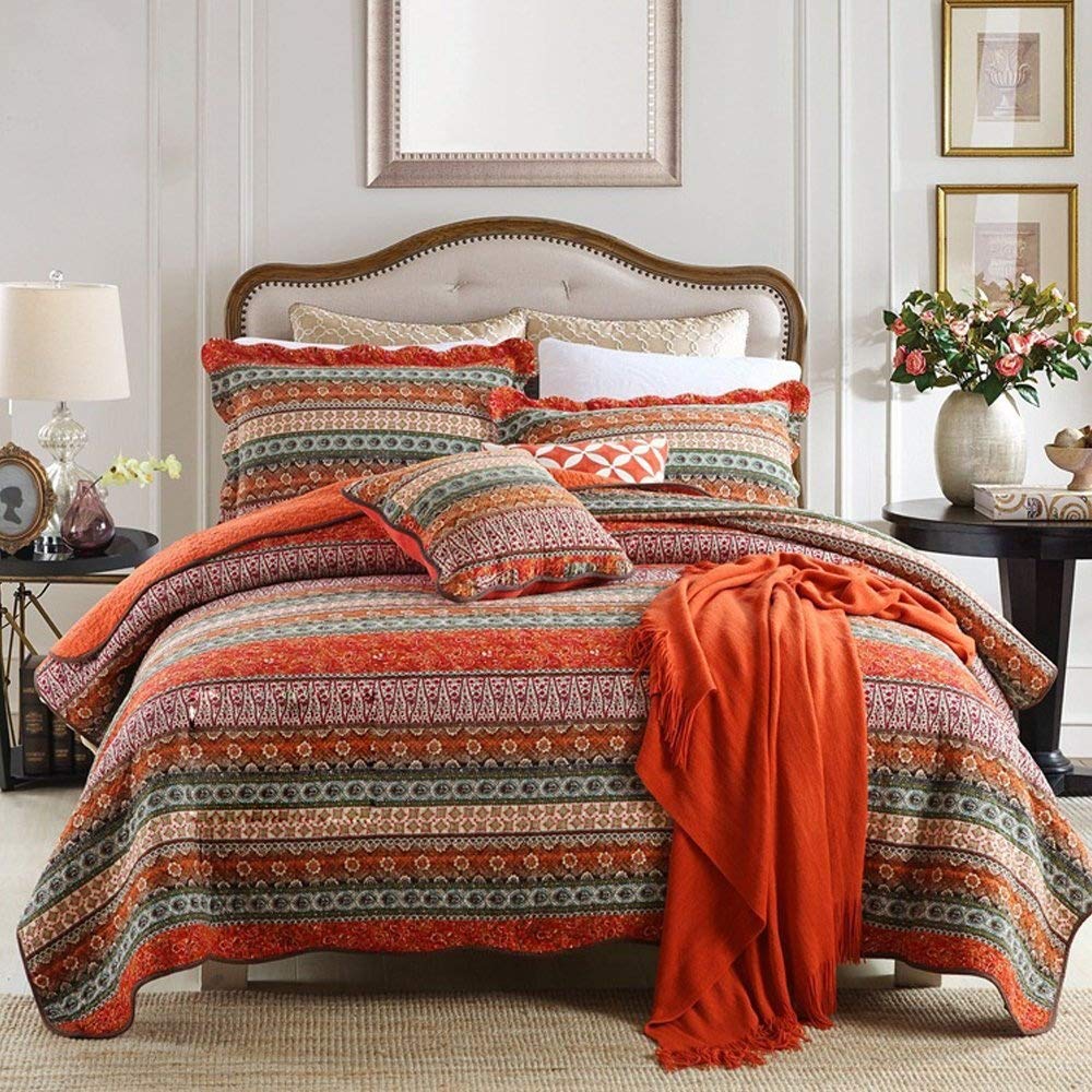 Newlake Striped Classical Cotton 3-Piece Patchwork Bedspread Quilt Sets, Queen Size