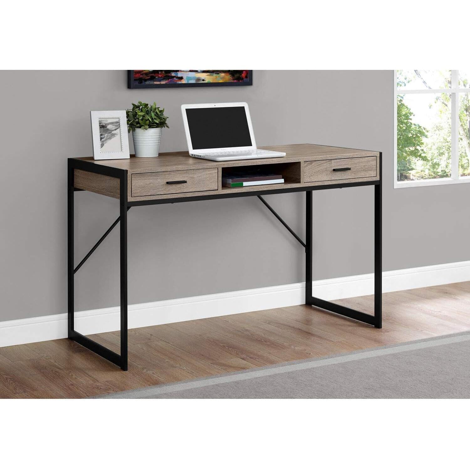 Monarch Specialties Contemporary Laptop Table with Drawers and Shelf Home & Office Computer Desk-Metal Legs, 48' L, Dark Taupe