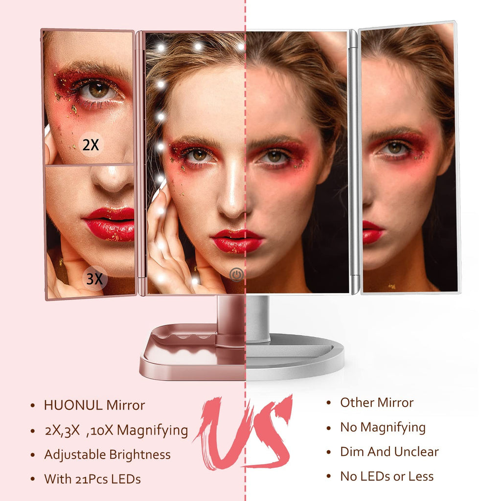 Huonul Makeup Mirror, 10X3X2X Magnification, Lighted, Touch Control, Trifold, Dual Power Supply, Portable Led, Women Gift