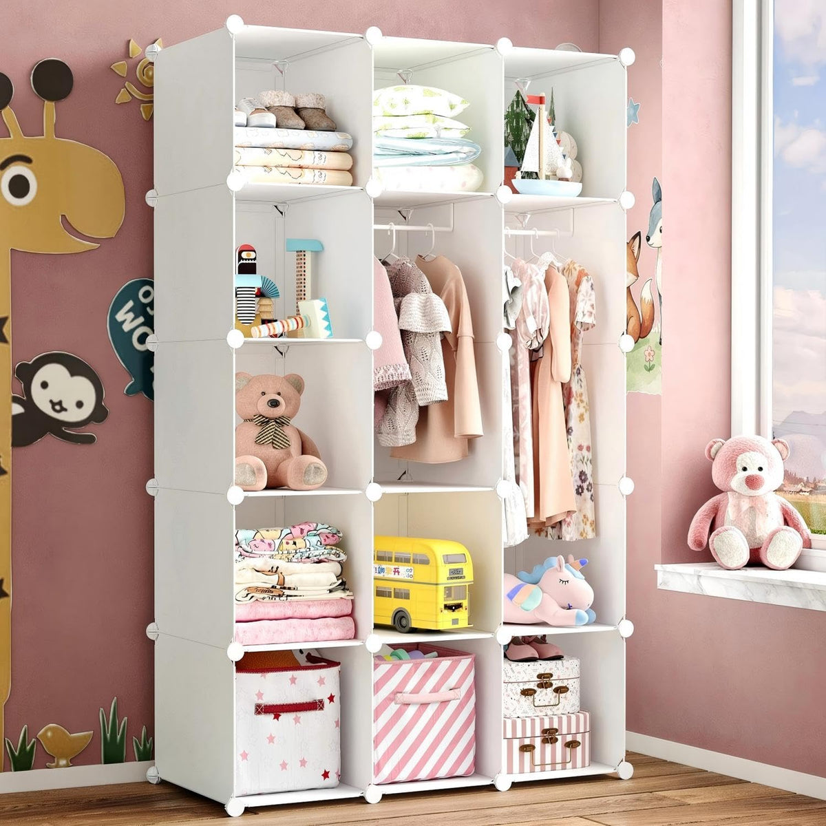 deijiner Modular Baby Wardrobe Closet, Portable Children Organizers and Storage for Nursery,15 Cubes with Hanging Rods,MultiFun