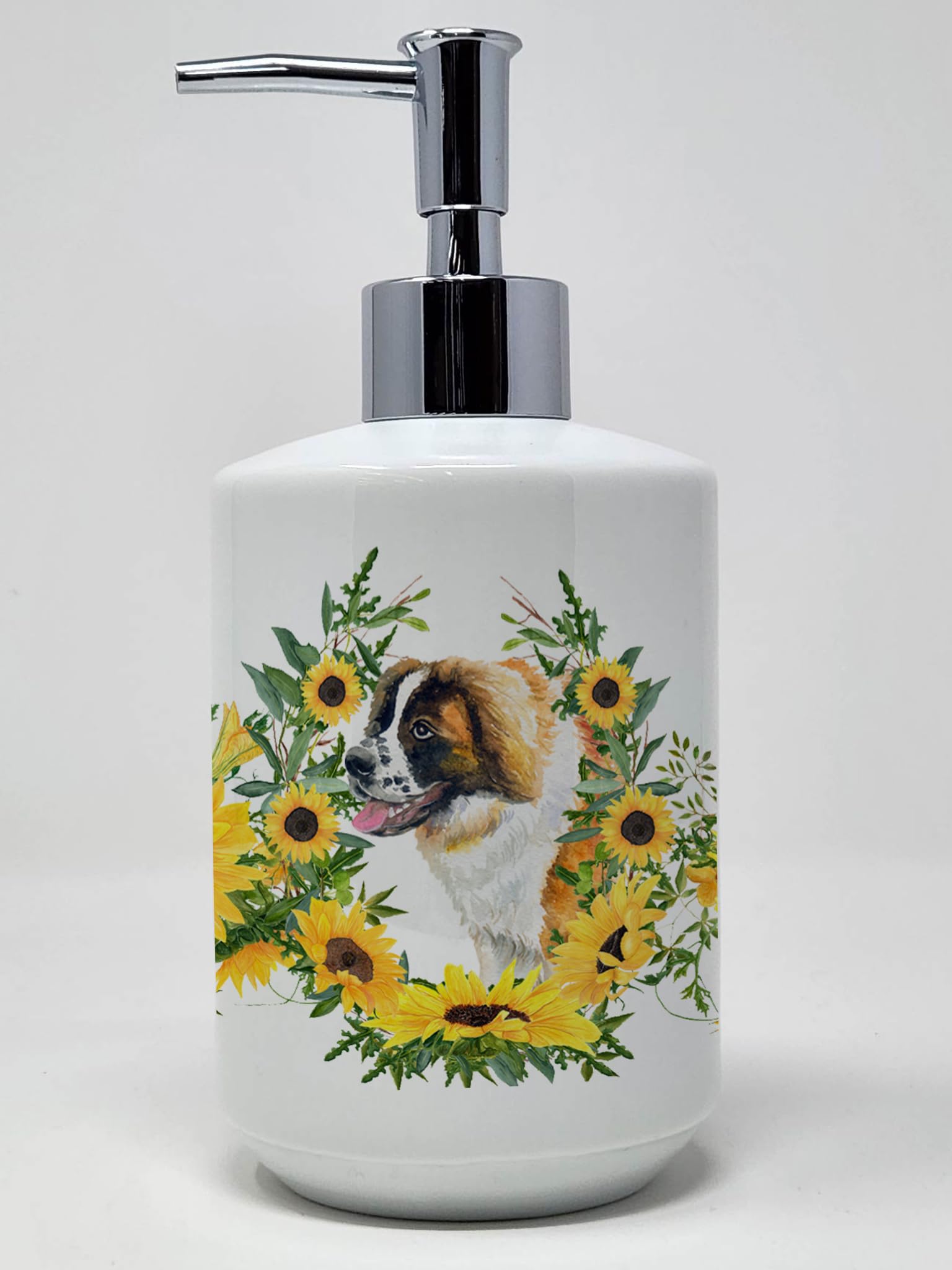 Caroline's Treasures CK2871SOAP Saint Bernard in Sunflowers Ceramic Soap Dispenser Hand Soap Dispenser Pump Bottles for Bathroom