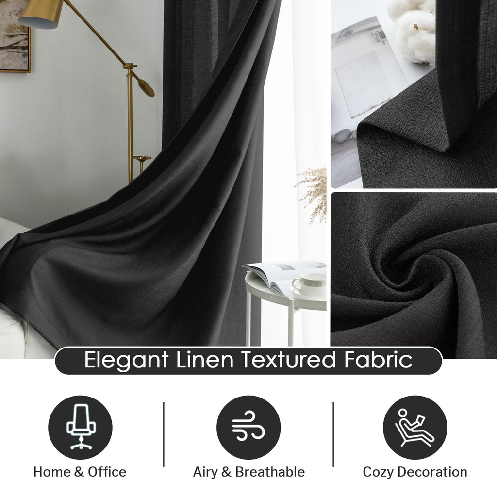 Melodieux Black Semi Sheer Curtains 45 Inch Length For Bedroom Kitchen Small Windows, Linen Look Rod Pocket Privacy Sheer Drapes