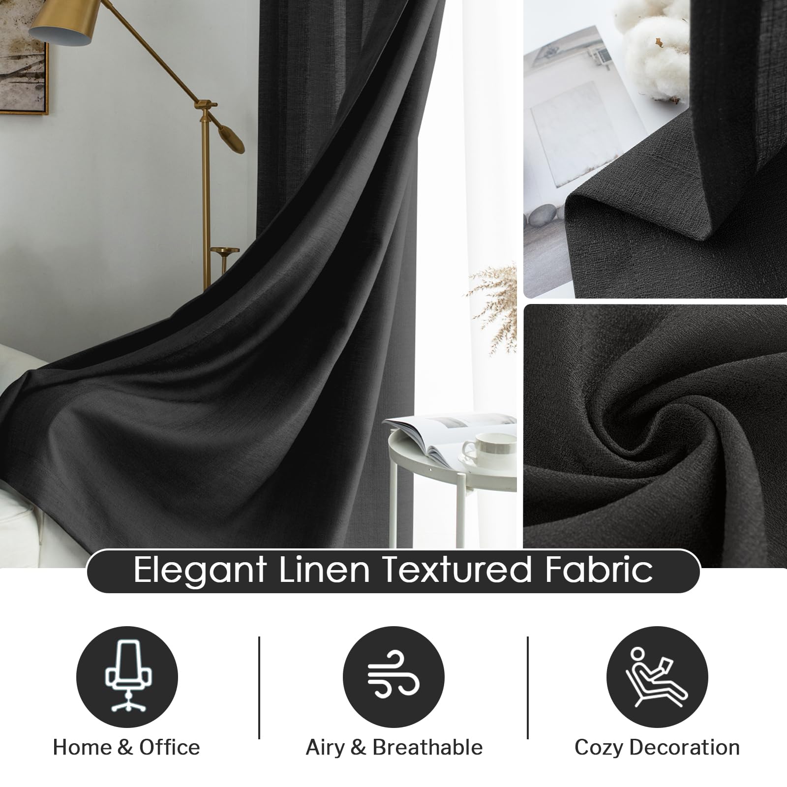 Melodieux Black Semi Sheer Curtains 45 Inch Length For Bedroom Kitchen Small Windows, Linen Look Rod Pocket Privacy Sheer Drapes