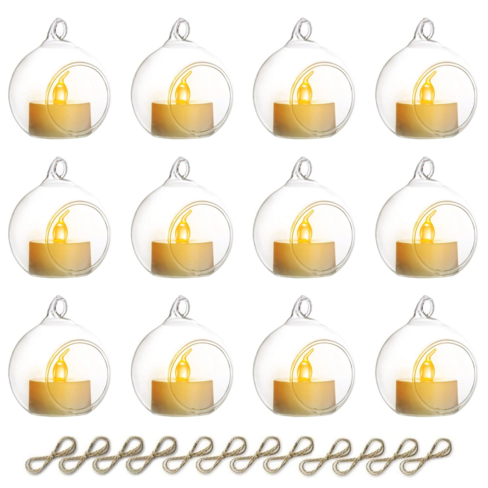 12 Pcs Mini Hanging Glass Tealight Globe Candle Holder with LED Candles, 2.36in Hanging Glass Globes, Hanging Glass Terrarium Gl