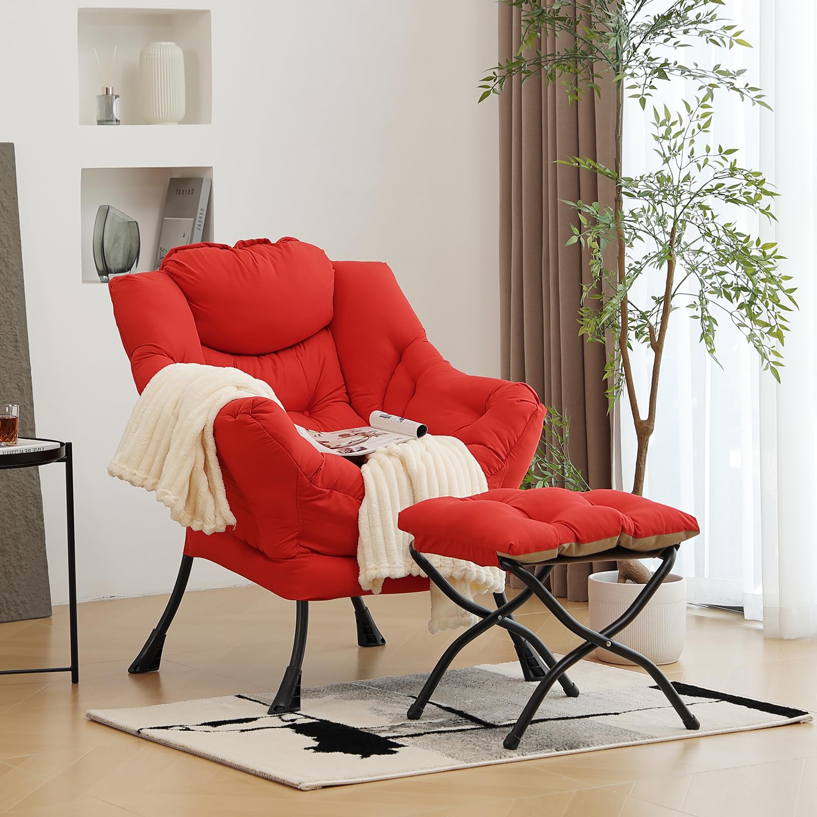 Furlide Modern Lazy Chair With Folding Footrest, Lounge Accent & Comfortable Reading Chair (Red)
