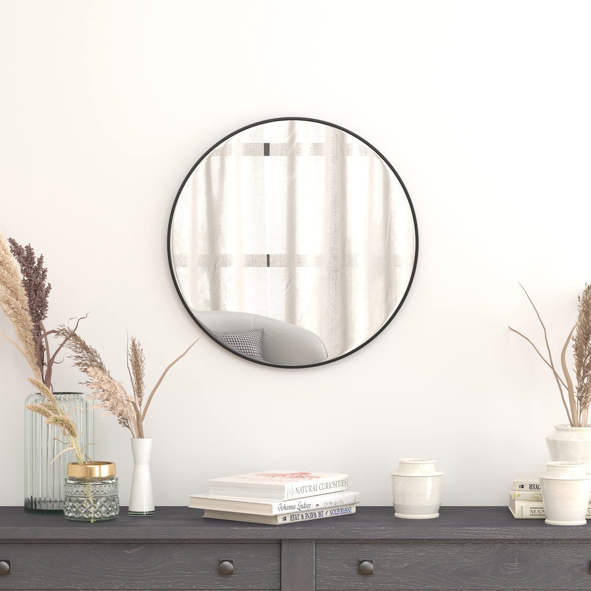 Flash Furniture Large Round Wall Mirror - Black Circle Accent Mirror - 24&quot; Vanity Mirror - For Bathroom, Vanity, Entryway, Dining Room, & Living Room