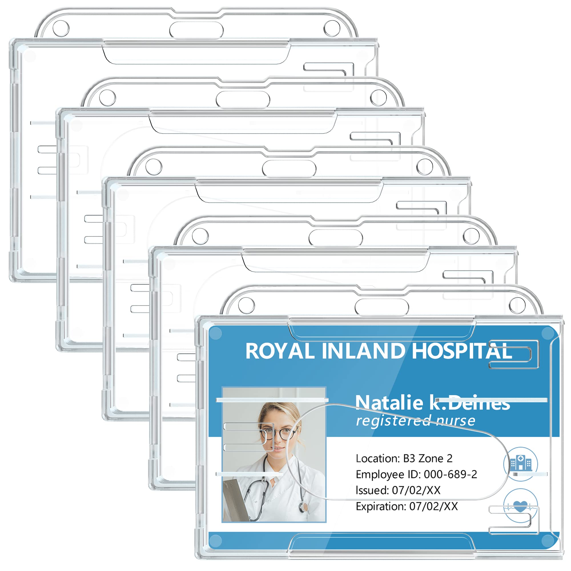 Teskyer Hard Plastic Badge Holder, Clear Id Badge Name Card Holder With Easy Access Thumb Slot, Holding 2 Cards, Horizontal Styl