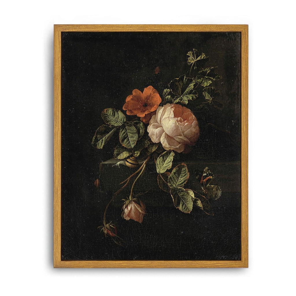 Roslynity Framed Canvas Wall Art Vintage Print Oil Paintings Moody Dark Flower Botanical Floral Still Life with Roses Retro Aest