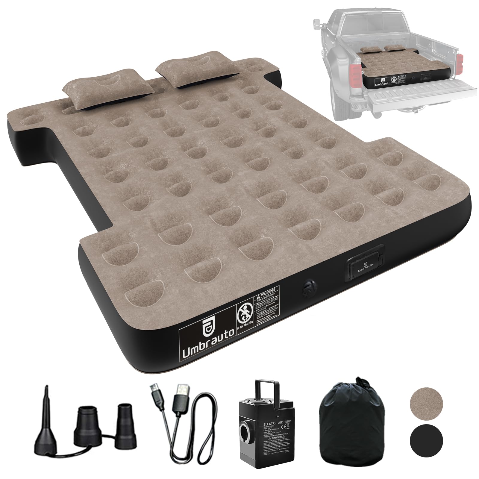 Umbrauto Built-in Pump Air Mattress for 5.5-5.8ft Full Size Short Truck Bed, Inflatable Camping Airbed with Rechargeable Cordles