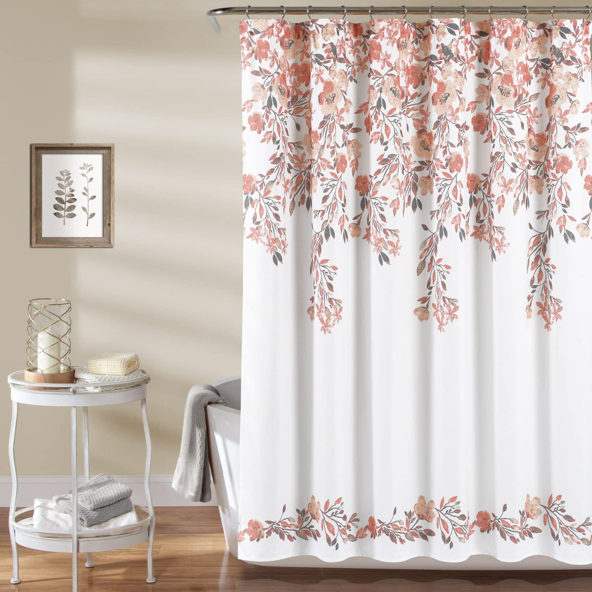 Lush Decor Tanisha Shower Curtain, 72' W X 72' L, Blush & Gray - Peachy Pink Flower Vine Print - Beautiful & Elegant Floral Sh