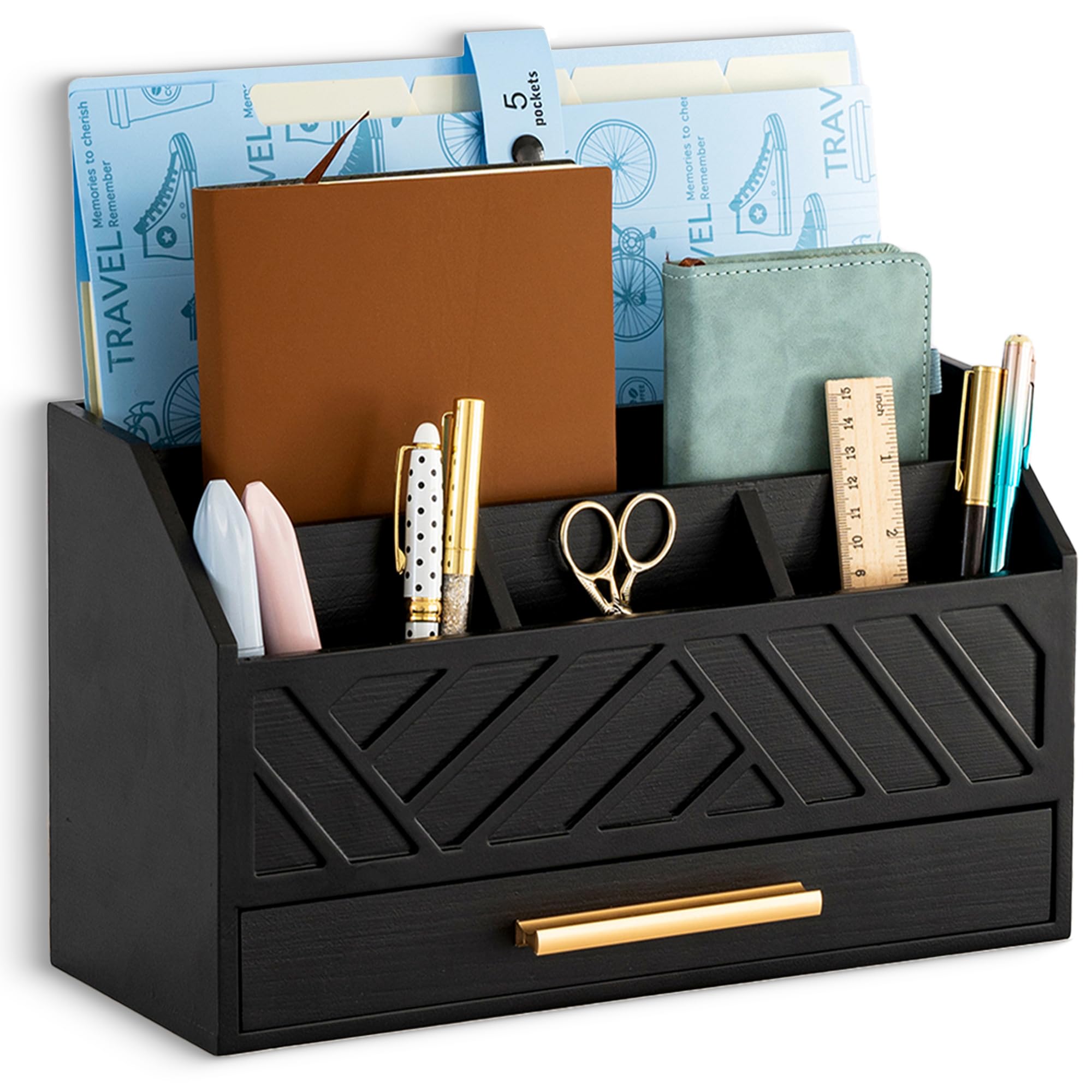 Dreampossible Black Wood Desk Organizer And Accessories With Drawer, Bill Mail Organizer And File Mail Holder For Office Supplie