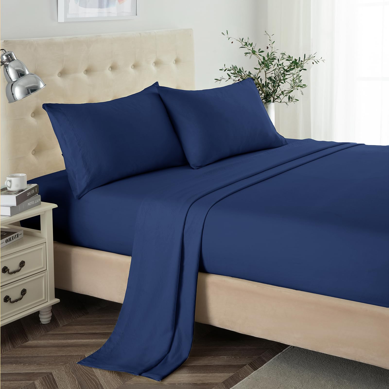 Lanest Housing Queen Sheet Set, 2400 Thread Count Soft Deep Pocket Microfiber Sheets, 4 Pieces Navy Blue Bedding Sheets & Pillow