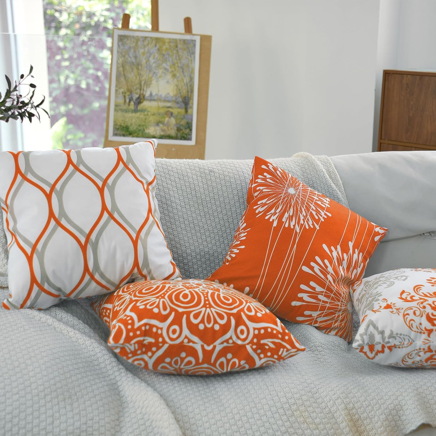 Decorative Throw Pillow Covers 16X16 Inch Set Of 4,Orange And White Modern Simple Square Pillow Case Cushion Cover For Sofa Couc