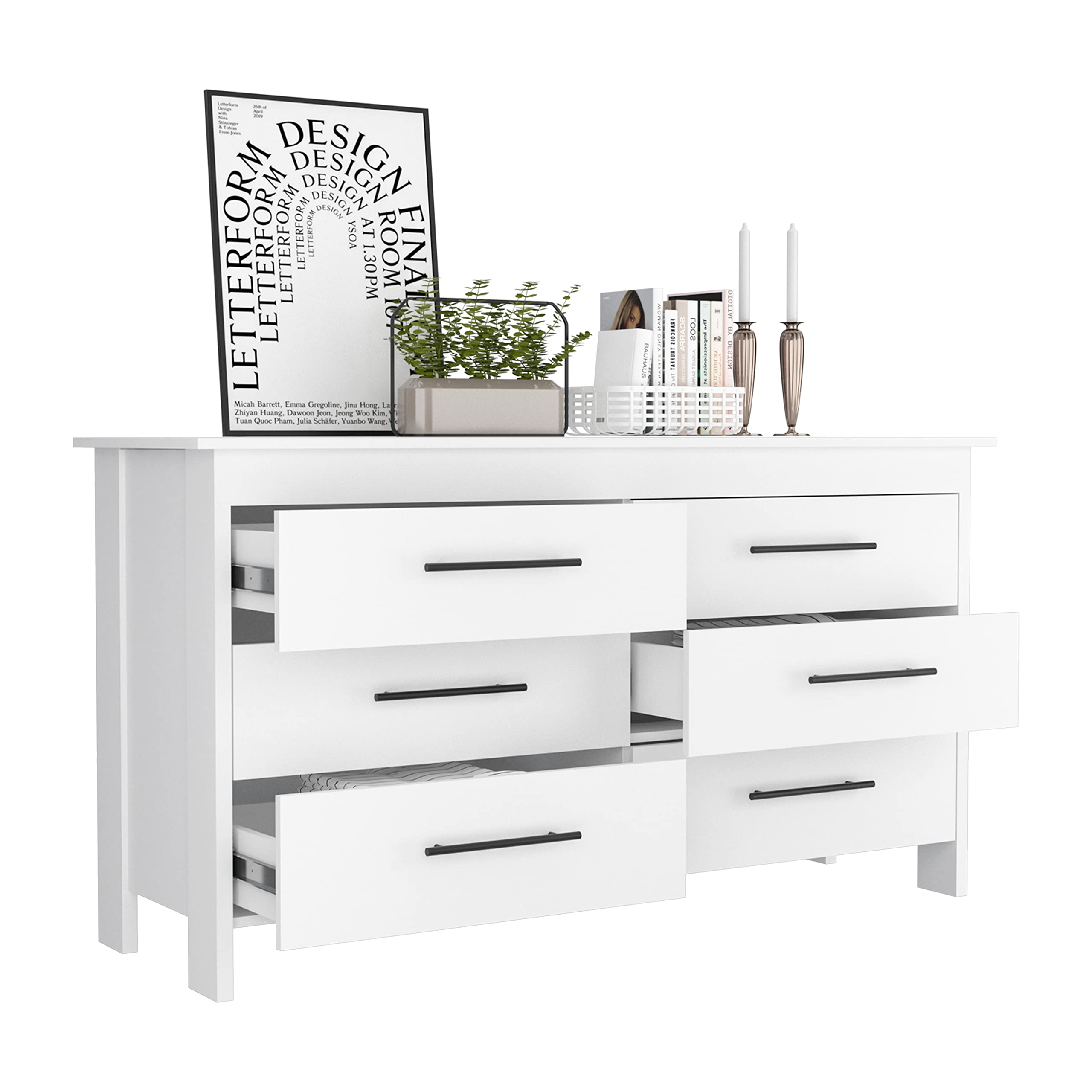 Paris 6 Drawer Double Dresser with 4 Legs and Metal Hardware, White