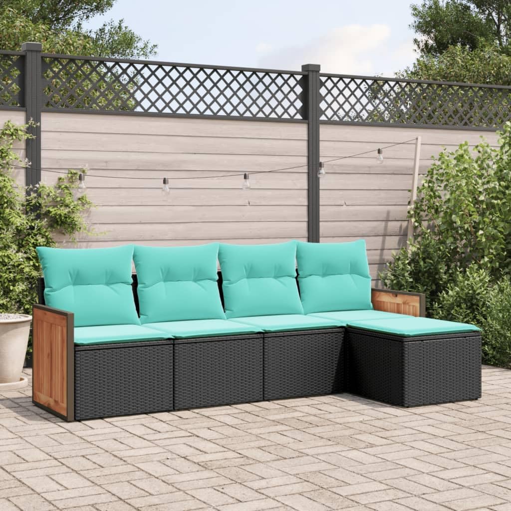 vidaXL Patio Sofa Set with Cushions - PE Rattan, Black/Blue, 5 Piece, Modular Outdoor Furniture for Terrace, Garden, Patio - Storage Space, Water-Resistant Bags, Removable Covers