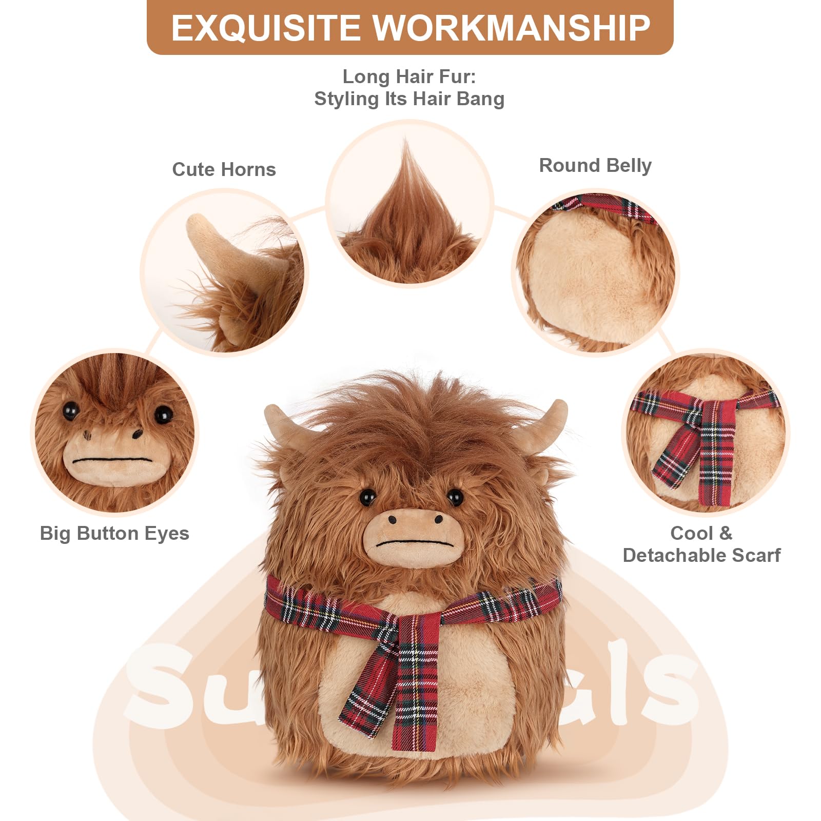 Suzzipals 14' Highland Cow Stuffed Animals Plush Pillows, Scarf Scottish Highland Cattle Plushies, Soft Stuffed Cow Plush Toys