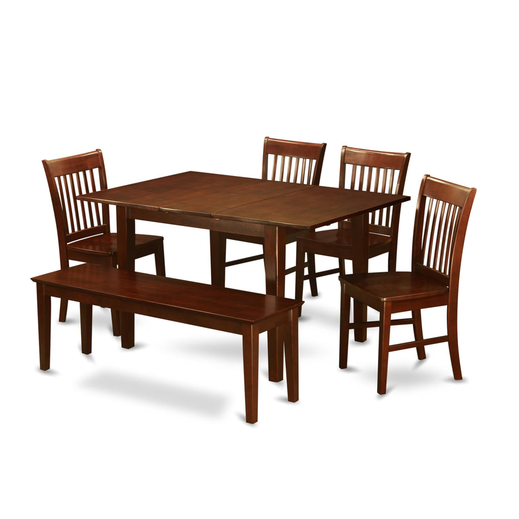 East West Furniture MLNO6C-MAH-W 6 Piece Kitchen Table & Chairs Set Contains a Rectangle Dining Room Table with Butterfly Leaf and 4 Dining Chairs with a Bench, 36x54 Inch, Mahogany