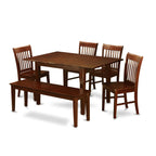 East West Furniture MLNO6C-MAH-W 6 Piece Kitchen Table & Chairs Set Contains a Rectangle Dining Room Table with Butterfly Leaf and 4 Dining Chairs with a Bench, 36x54 Inch, Mahogany