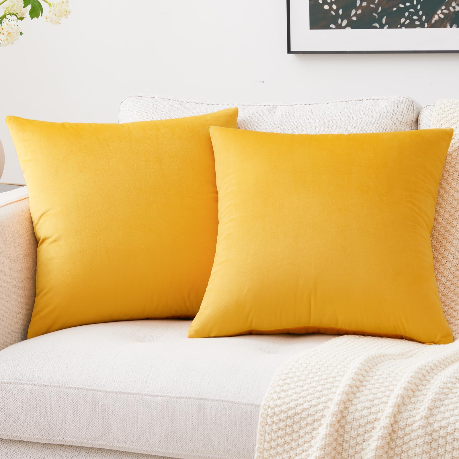 Mixhug Decorative Throw Pillow Covers, Velvet Cushion Covers, Solid Throw Pillow Cases For Couch And Bed, Mustard Yellow, 16 X 1