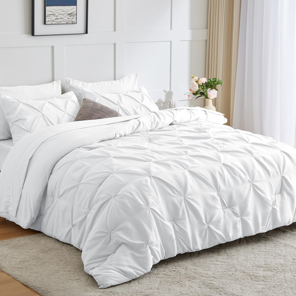 Cozylux Full Comforter Set - 7 Pieces Comforters Full Size White, Pintuck Bed In A Bag Pinch Pleat Bedding Sets With All Season