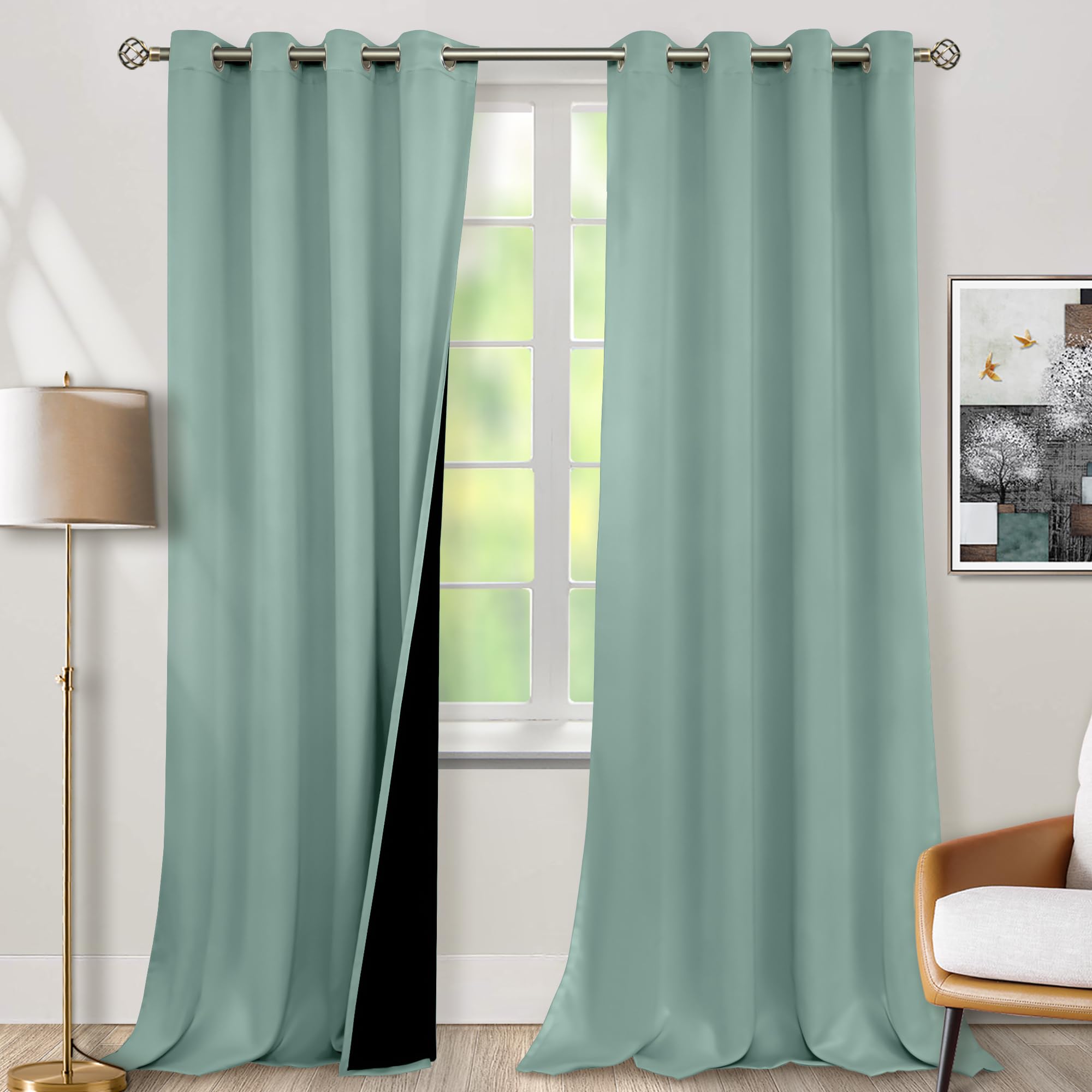 Bgment Frosty Green Blackout Curtains 95 Inches Long 2 Panels Set For Living Room, Thermal Insulated 100% Light Blocking Curtain