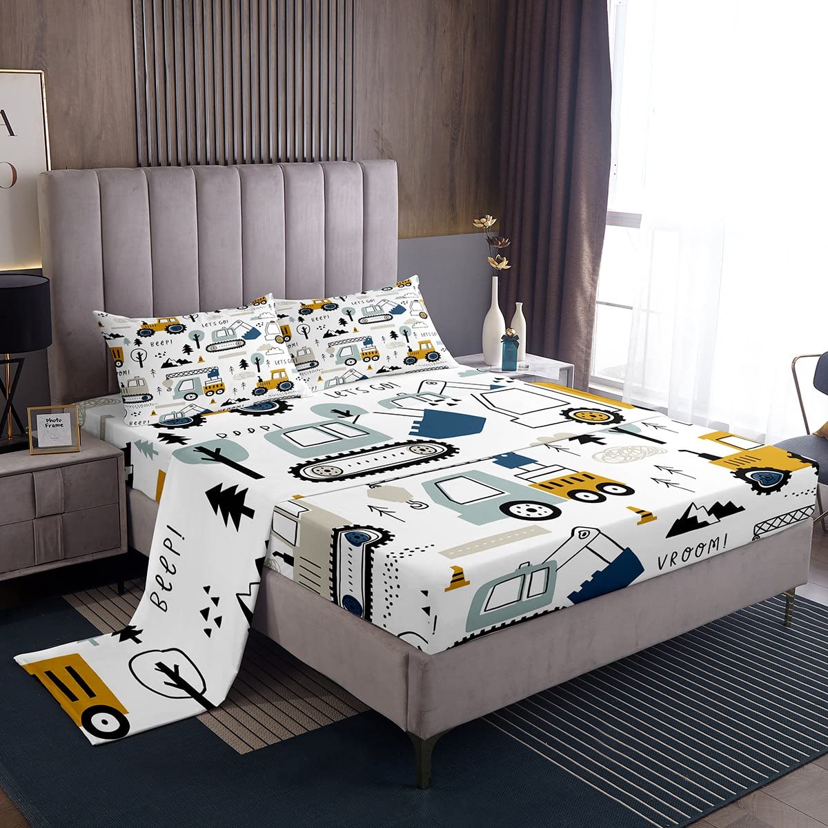 Cartoon Car Kids Sheet Set Construction Bed Sheets Set Decor Equipment Trucks Sheets With Deep Pocket Fitted Sheet Cartoon Car E