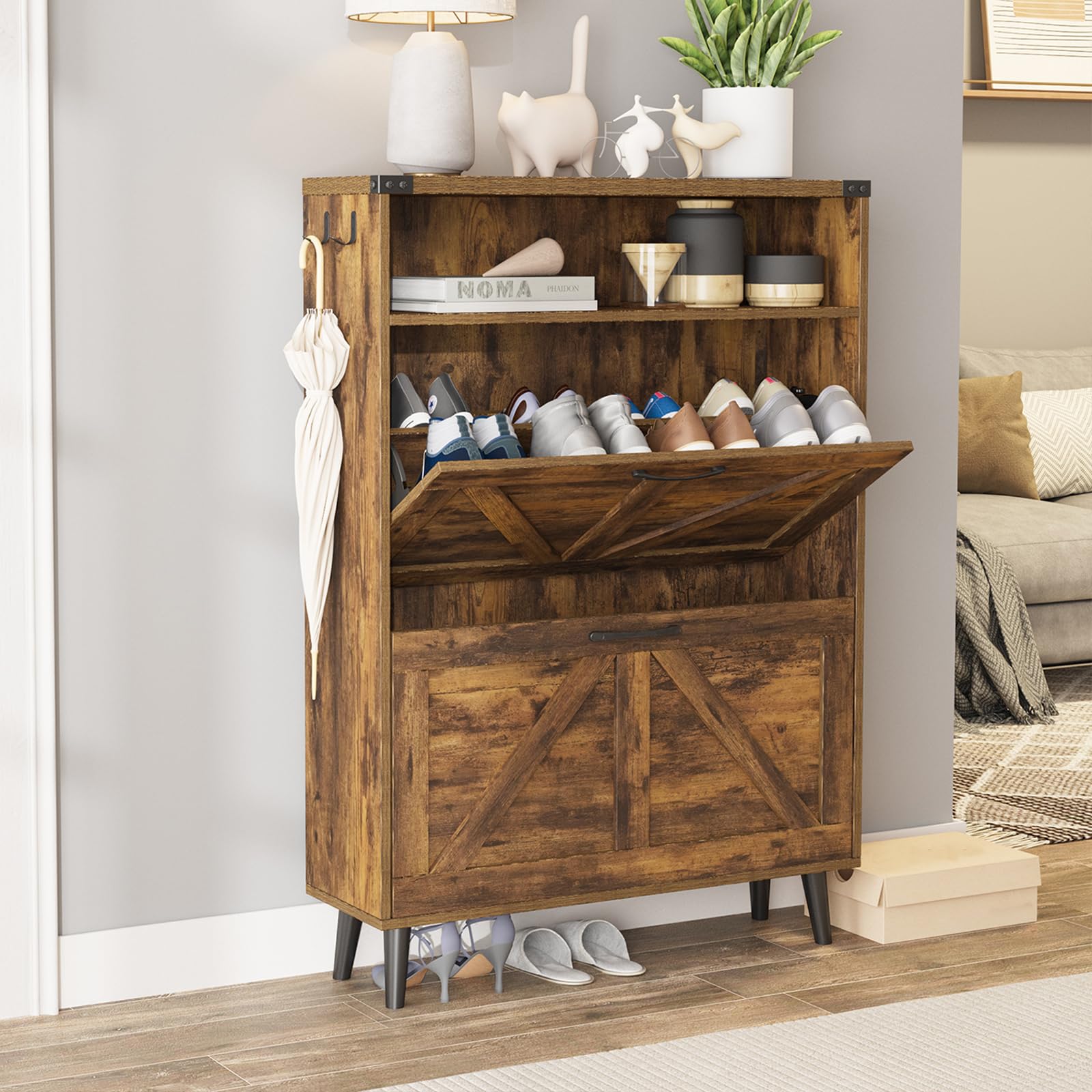 Halitaa Shoe Cabinet with 2 Flip Drawers,Shoe Storage Cabinet for Entryway,Freestanding Shoe Cabinet Organizer with Open Storage