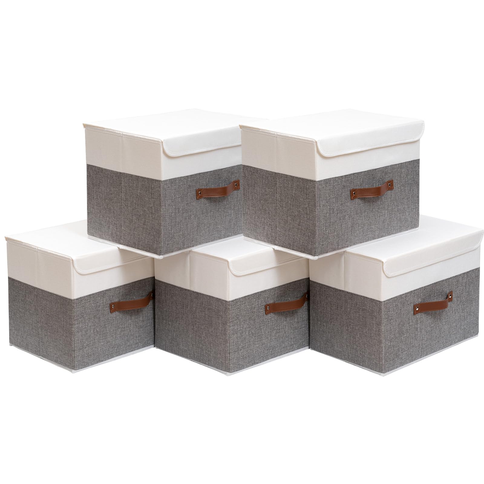 OUTBROS Large Collapsible Storage Basket with Lid, Linen Fabric Containers, Wardrobe Organiser For Towels, Clothes, 13 x 9.1 x 7