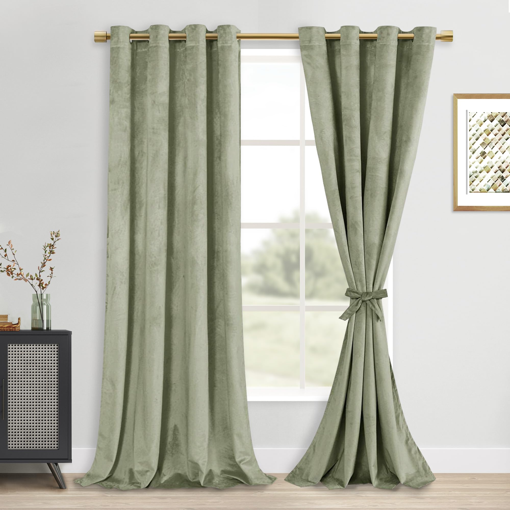 DWCN Light Sage Velvet Curtains 96 Inches Length - Tieable Super Soft Luxury Grommet Window Treatments Room Darkening Privacy Pr