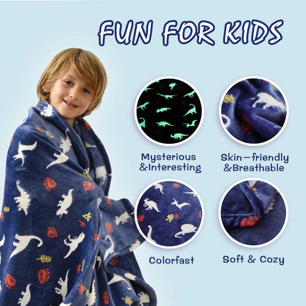 Sochow Glow In The Dark Throw Blanket 60 X 80 Inches, Jurassic Dinosaur Pattern Soft Cozy Flannel Fleece Blanket For Sons Daught
