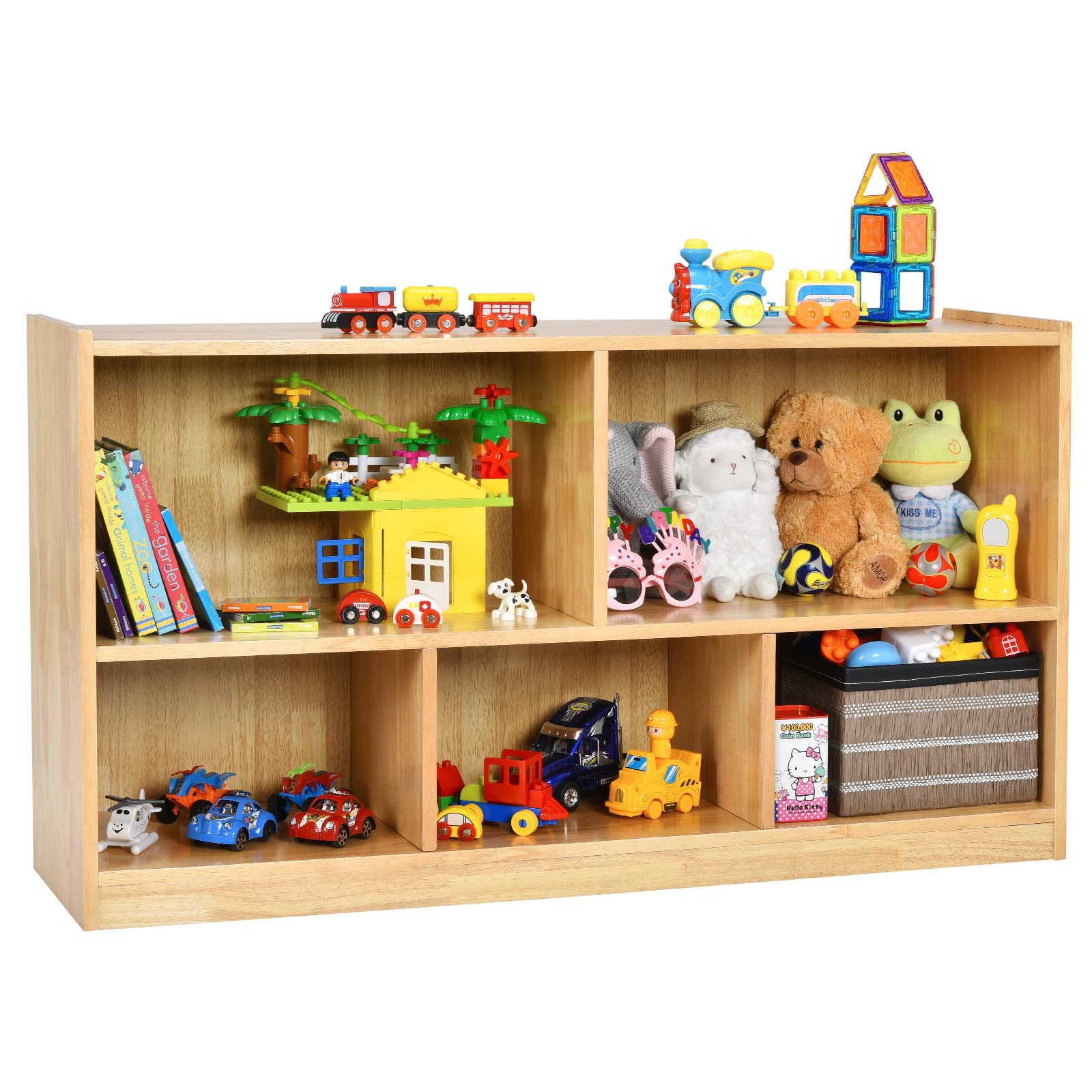 Costzon 2-Shelf Bookcase For Kids, Wooden Toy Storage Organizer For Books Toys, 5-Section Freestanding Classroom Daycare Shelf For Home Playroom, Hallway & Kindergarten (Burlywood)
