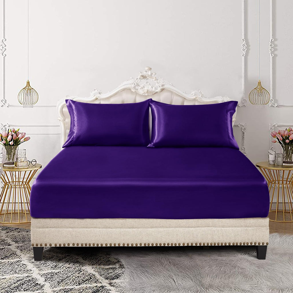 Siinvdabzx 3-Piece Set Satin Full Fitted Sheet & 2 Pillowcase, Purple Silky Soft Fitted Bottom Sheet, Wrinkle Free, Fade Resista