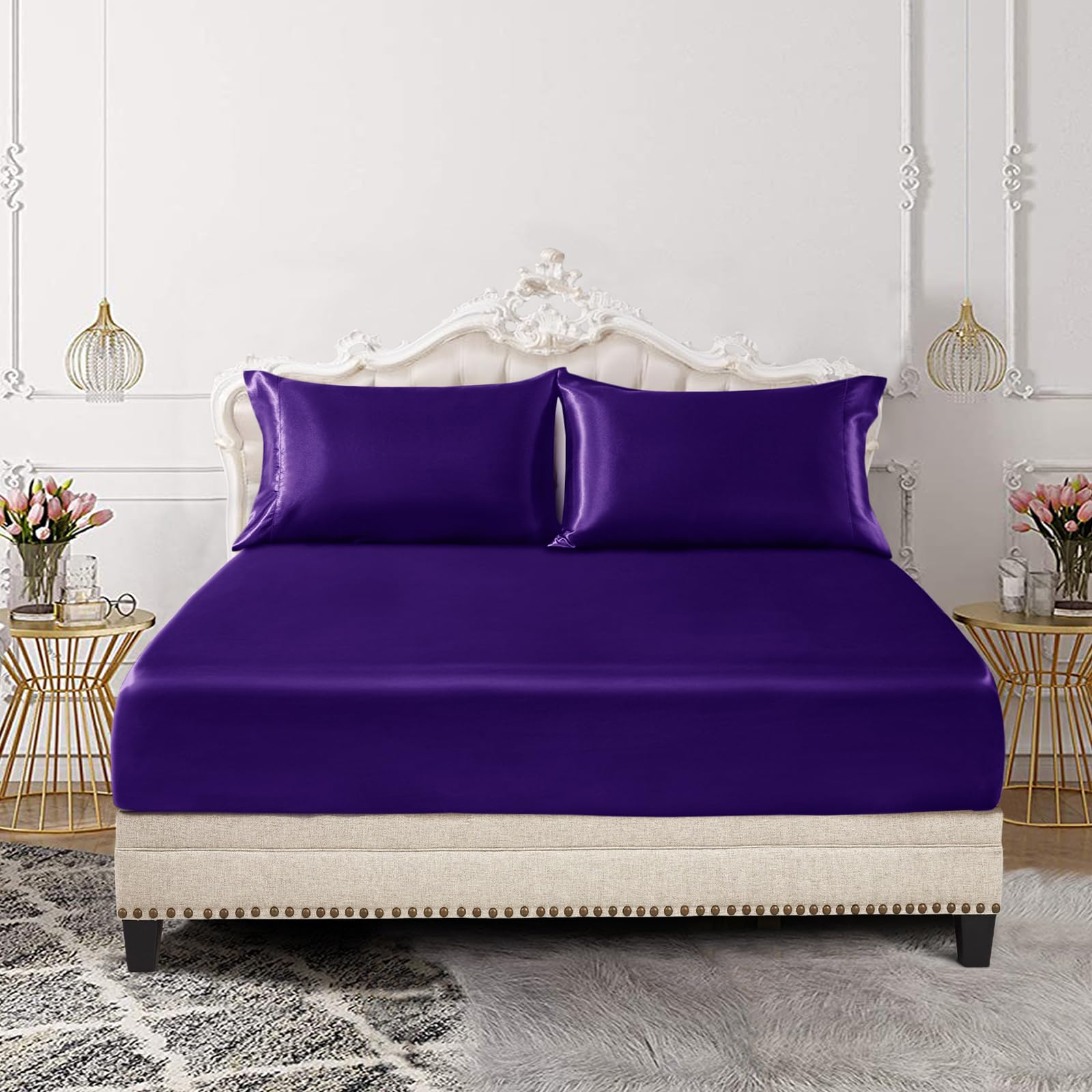 Siinvdabzx 3-Piece Set Satin Full Fitted Sheet & 2 Pillowcase, Purple Silky Soft Fitted Bottom Sheet, Wrinkle Free, Fade Resista