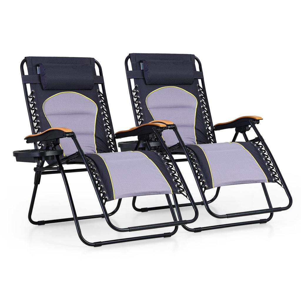Phi Villa Xxl Oversized Padded Zero Gravity Chair, Foldable Patio Recliner, 30' Wide Seat Anti Gravity Lounger With Cup Holder, Set Of 2, Support 400 Lbs (Gray Accent)