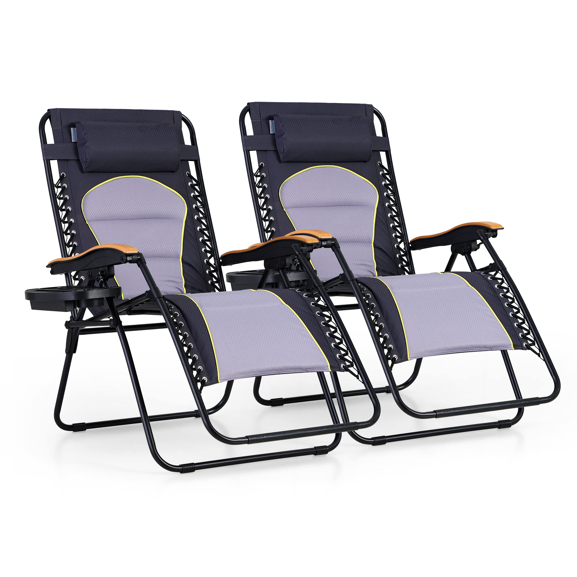 Phi Villa Xxl Oversized Padded Zero Gravity Chair, Foldable Patio Recliner, 30' Wide Seat Anti Gravity Lounger With Cup Holder, Set Of 2, Support 400 Lbs (Gray Accent)