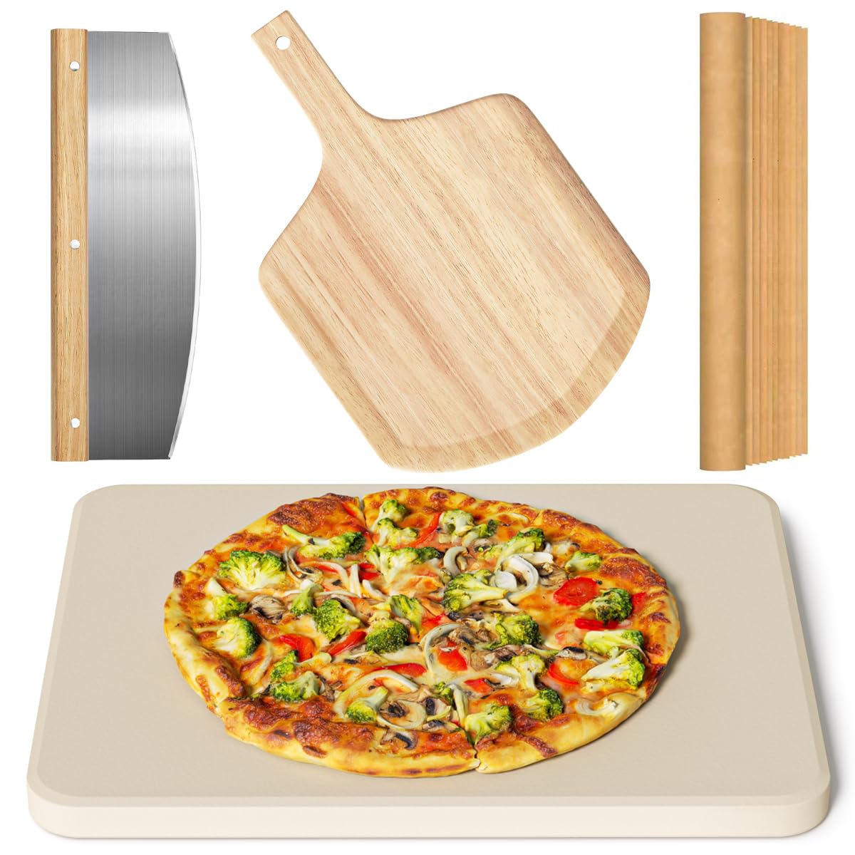 4 Pcs Rectangle Pizza Stone Set, 15' Large Pizza Stone For Oven And Grill With Pizza Peel(Oak), Pizza Cutter & 10Pcs Cooking Pa
