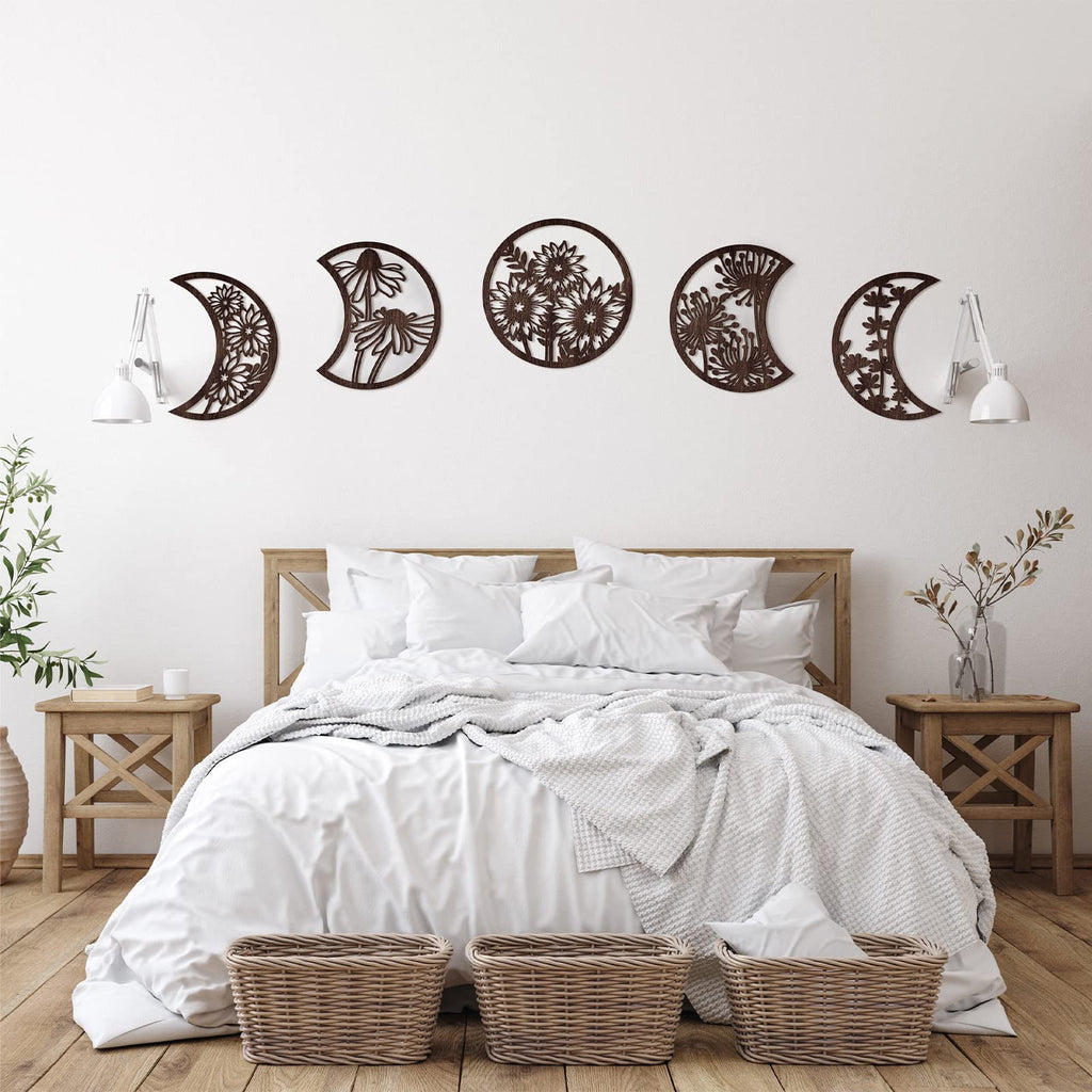 Jetec 5 Pieces Moon Phase Wall Decor Boho Hanging Moon Phase Nordic Wood Wall Art for Living Room Bedroom Home Wall Decoration R