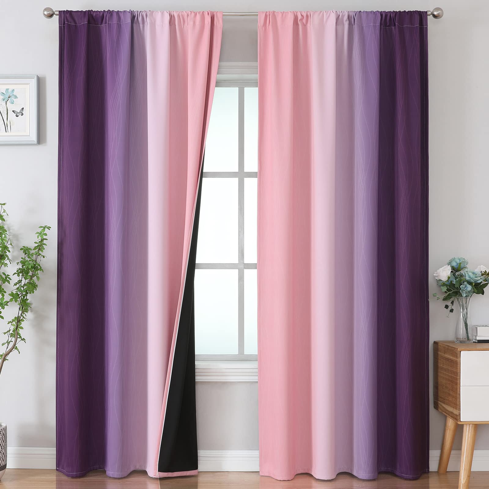 Estelar Textiler Pink And Purple Blackout Curtains 84 Inch Length 2 Panels Set, Full Room Darkening Rod Pocket Ombre Curtains Fo