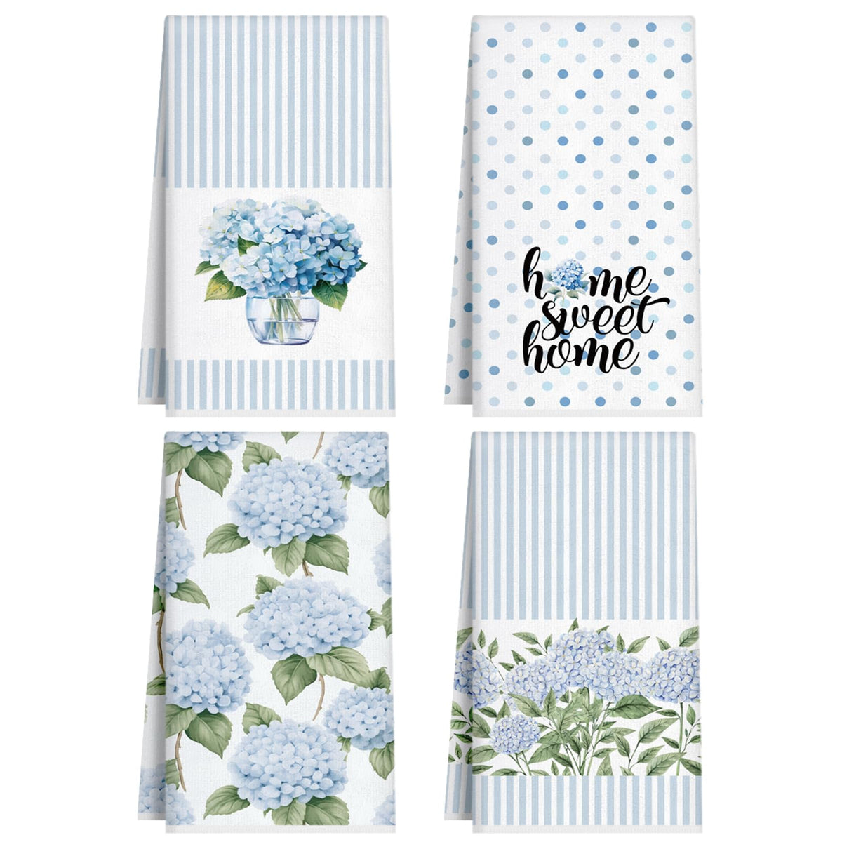 FuWeave 4 Pack Blue Hydrangea Kitchen Towels, Farmhouse Floral, 18x26 Inch
