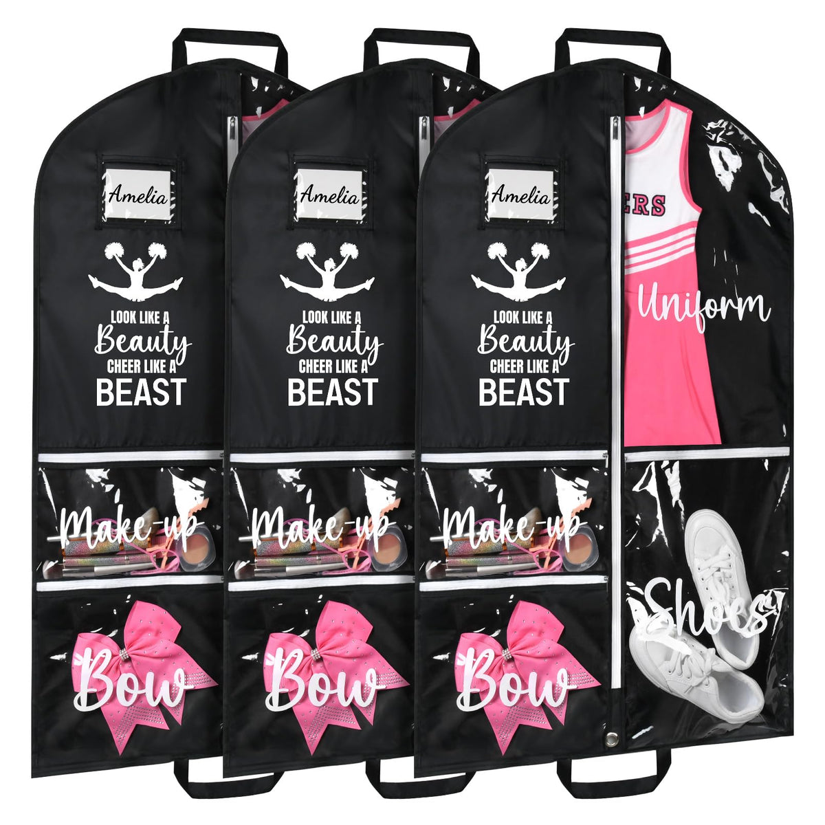 DEEKA 3 Pack Cheer Garment Bag for Hanging Clothes with Zipper Pockets Cheer Accessories Mom Essentials Uniform Costume 40 Inch 