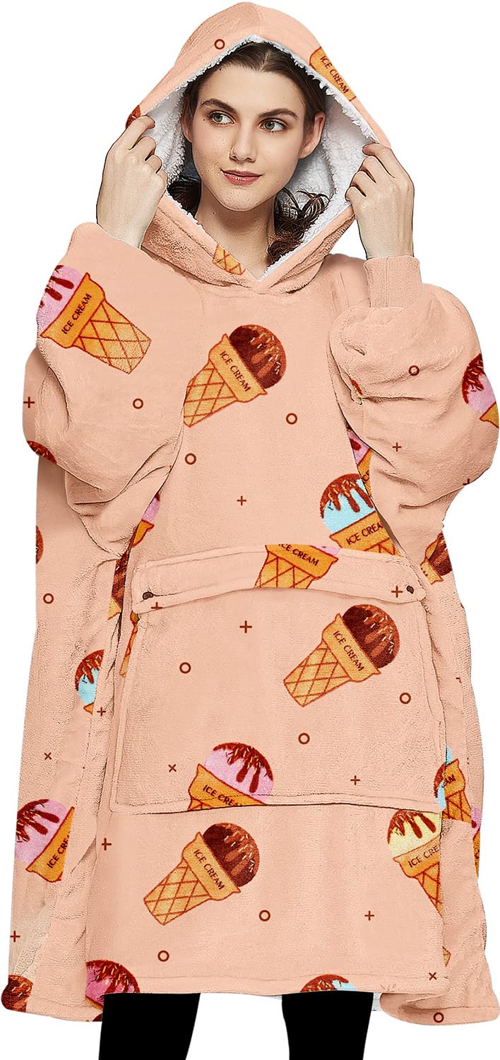 Kfubuo Wearable Blanket Hoodie For Adults Sherpa All Patterns Ice Cream Oversized Sweatshirt Blanket With Pockets Cute Birthday
