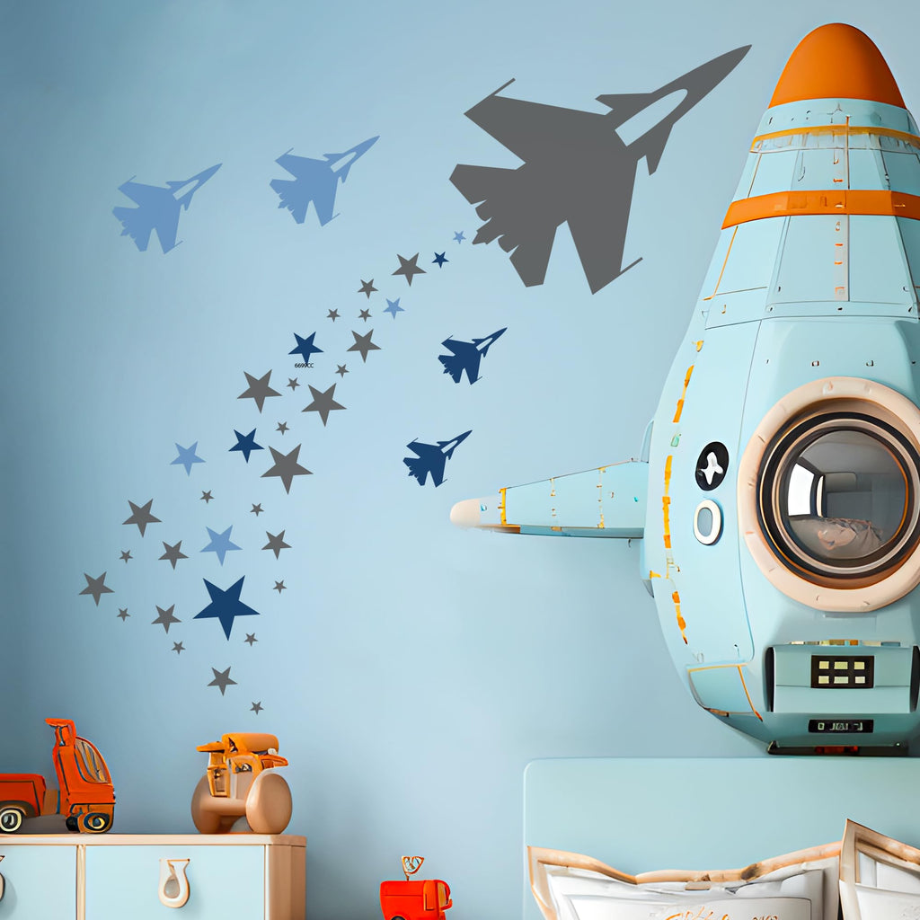 Airplanes and Stars Wall Decor Living Room I Wall Decal for Home Bedroom I Nursery Wall Decal for Baby Boy Decoration I Stickers