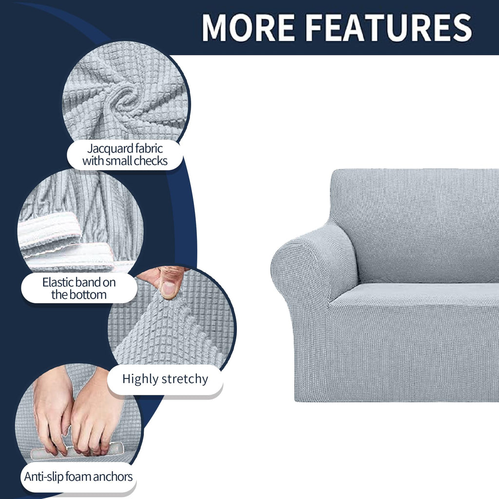 2025 New Stretch Loveseat Sofa Slipcovers Couch Cover For 2 Cushion Furniture Protector Sofa Covers With Elastic Bottom Jacquard Fabric Small Checks For Pets, Kids - Silver