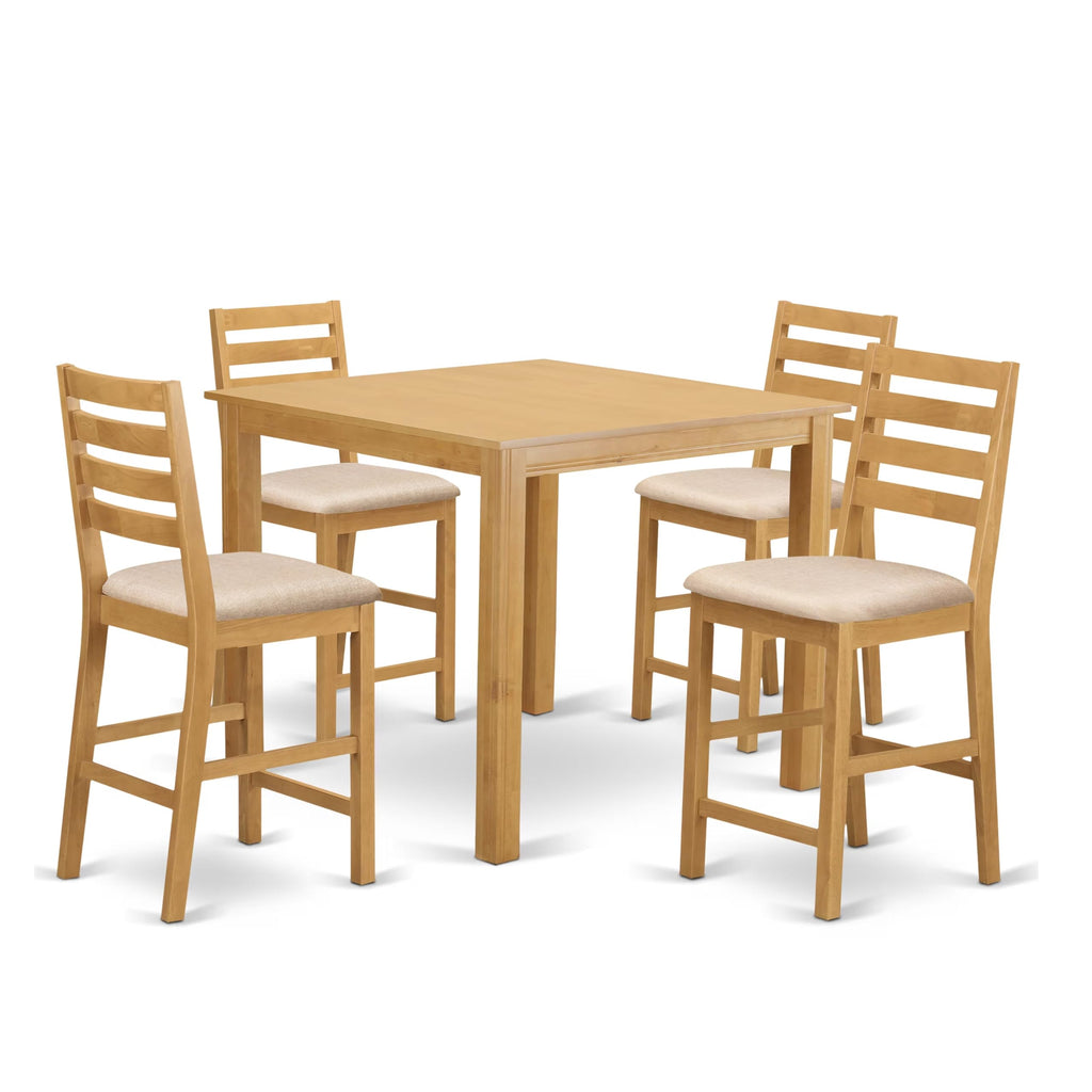 East West Furniture CAFE5-OAK-C 5 Piece Counter Height Pub Set Includes a Square Dining Table and 4 Linen Fabric Dining Room Chairs, 42x42 Inch, Oak