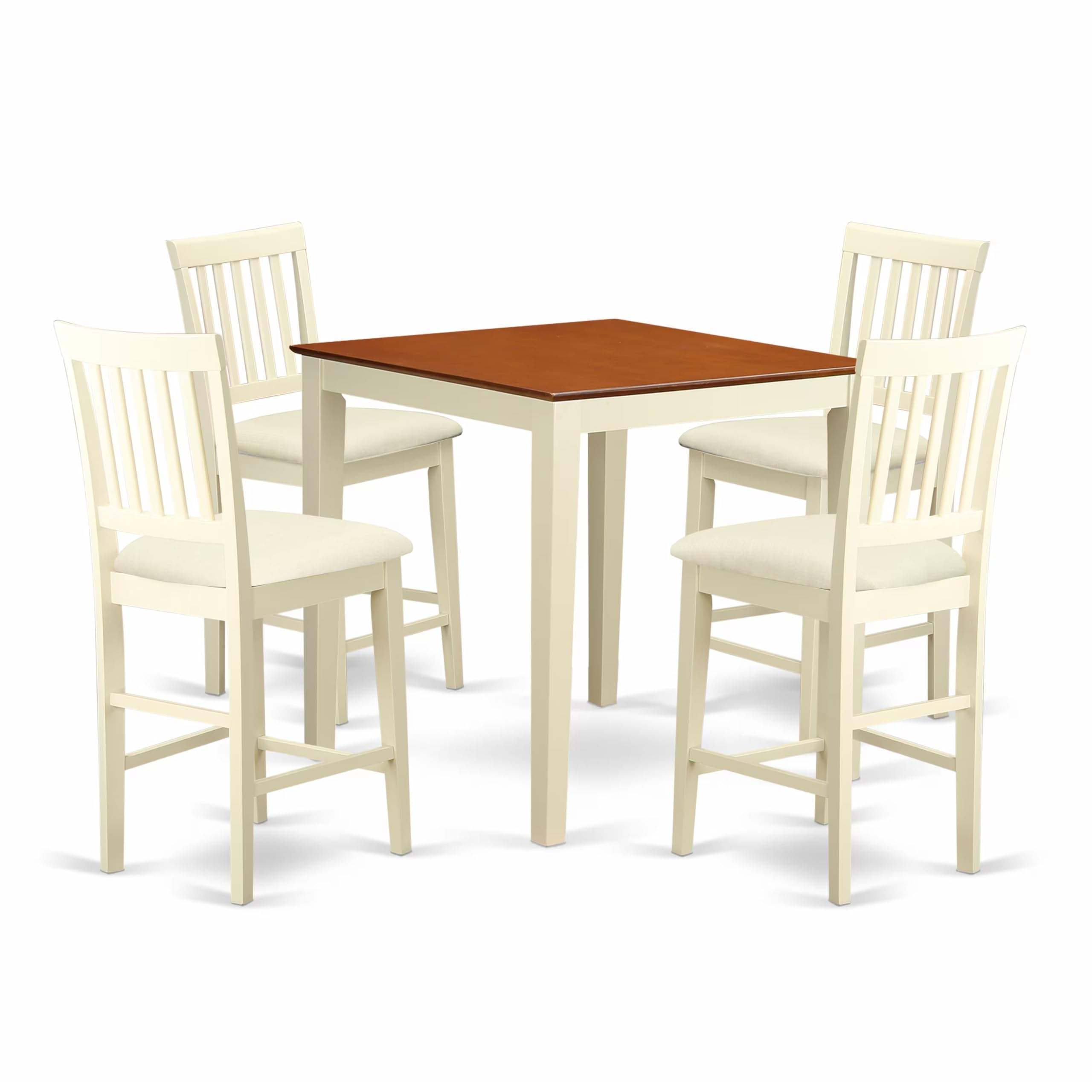 East West Furniture VERN5-WHI-C 5 Piece Counter Height Dining Set Includes a Square Dinette Table and 4 Linen Fabric Kitchen Dining Chairs, 36x36 Inch, Buttermilk & Cherry