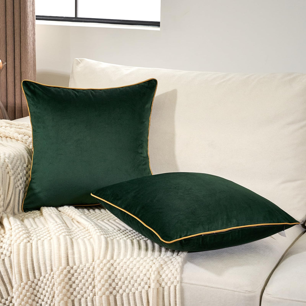 Aeckself Pack Of 2 Green Velvet Pillow Covers 24 X 24 Inch, Large Modern Luxury Decorative Pillowcase With Gold Trim Edge, Comfo
