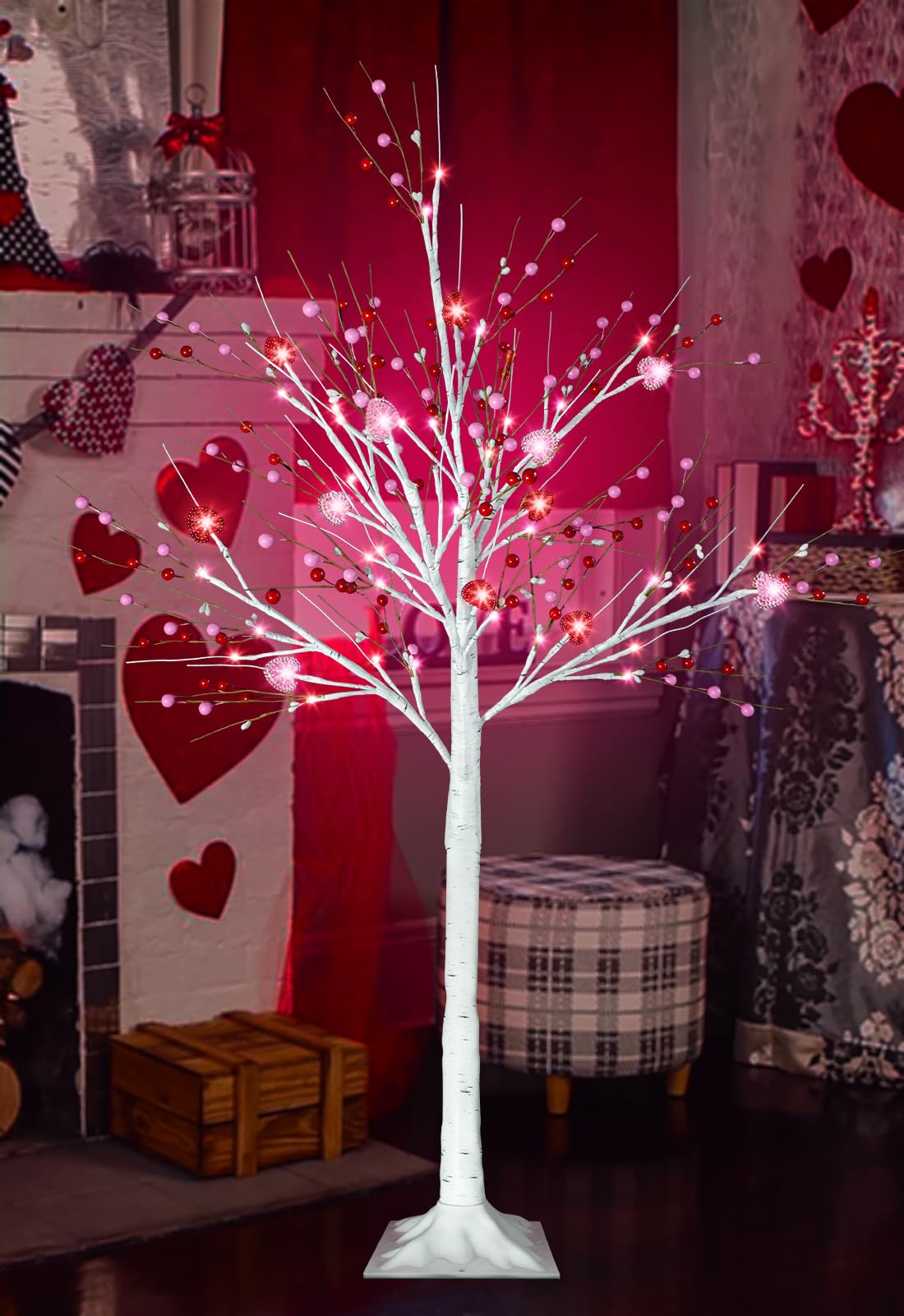 Ruidazon 4 FT Valentines Day Decorations, Lighted Valentines Day Tree with Heart Berry Ornaments 48 Led Red Pink Lights Artifici