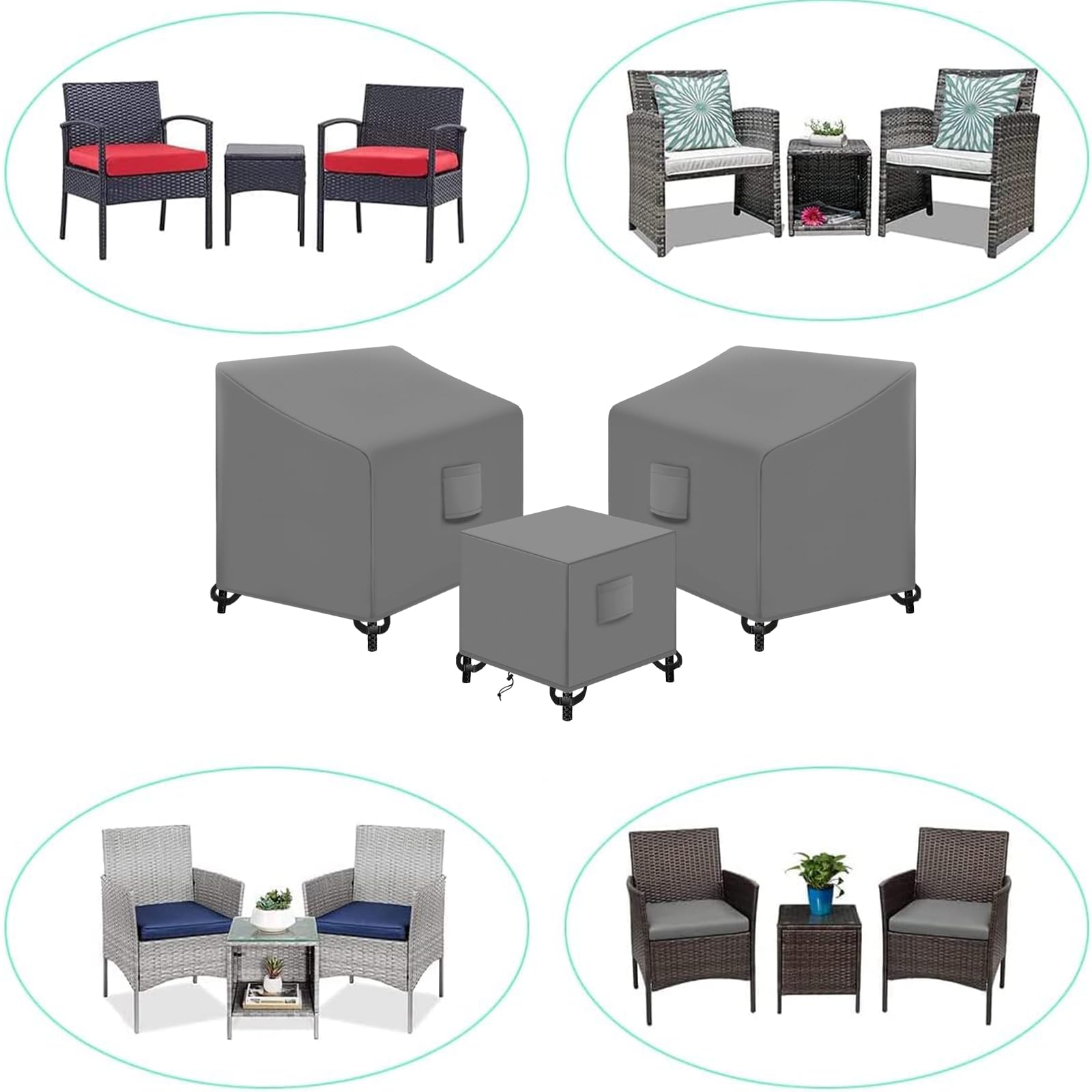 Siruiton 3 Piece Outdoor Veranda Patio Garden Furniture Cover Set With 420D Durable And Water Resistant Fabric,Fit For Outdoor Wicker Patio Furniture Sets/Rattan Chair Conversation Sets-Grey