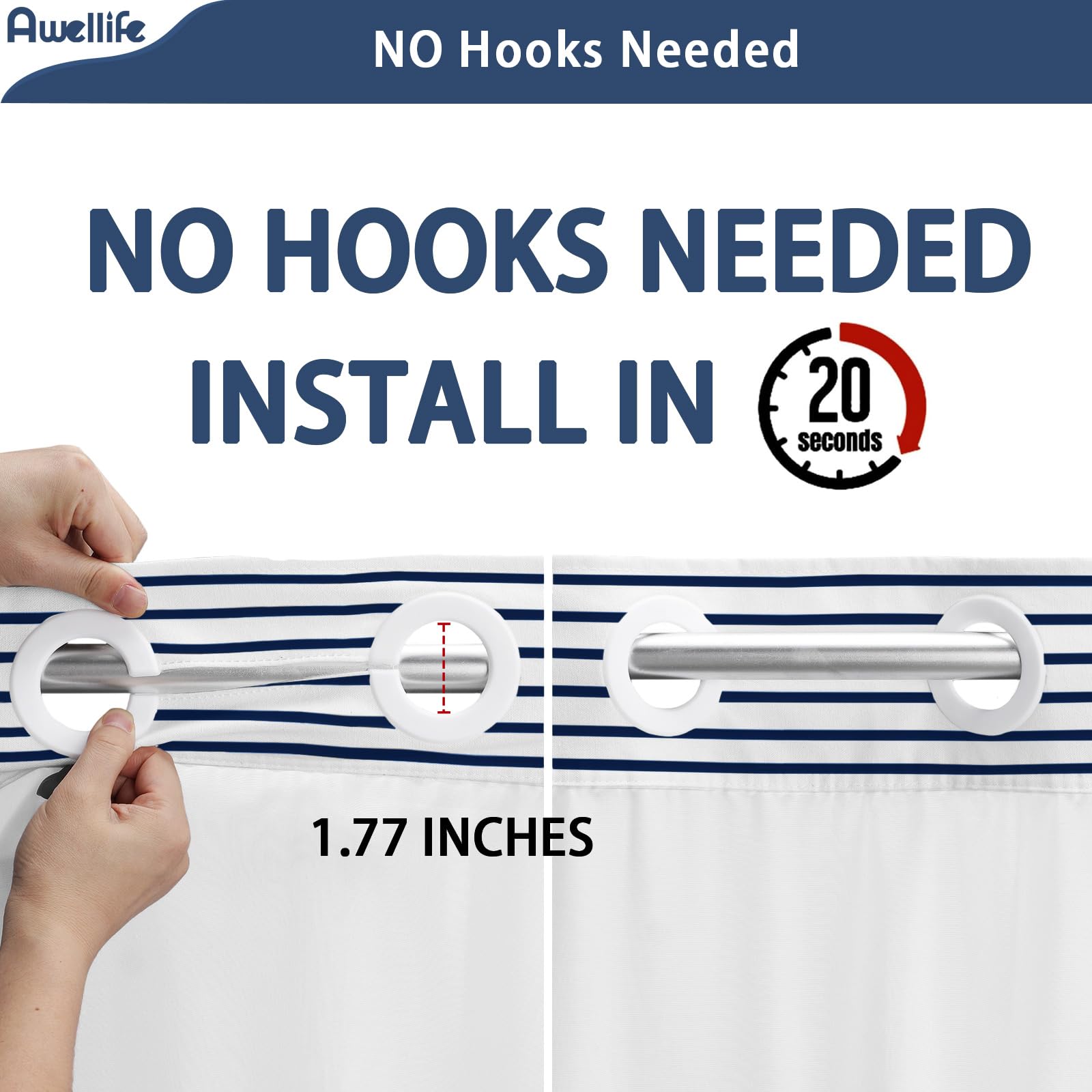 Awellife No Hook Shower Curtain With Snap In Liner Set Cotton And Linen Blend Shower Curtain For Bathroom Boho Navy Striped (No