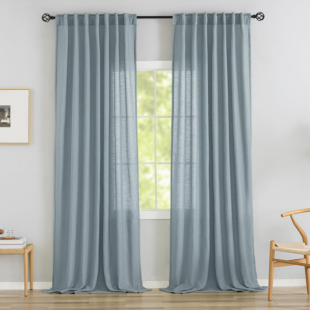 Stone Blue Linen Back Tab Curtains 102 Inches Long 2 Panels Set For High Windows,Rustic Hooks Belt Pinch Pleated Look Easy Sliding Curtains Pocket Light Filtering Semi Privacy Drapres 52 X 102 Inch